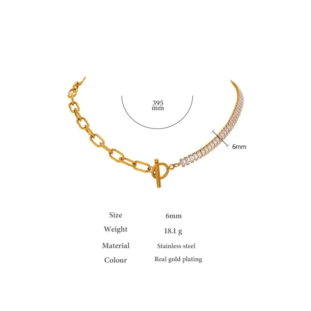 New 18K Gold Plated Baguette Diamond Link Chain Circle Bar Toggle Necklace